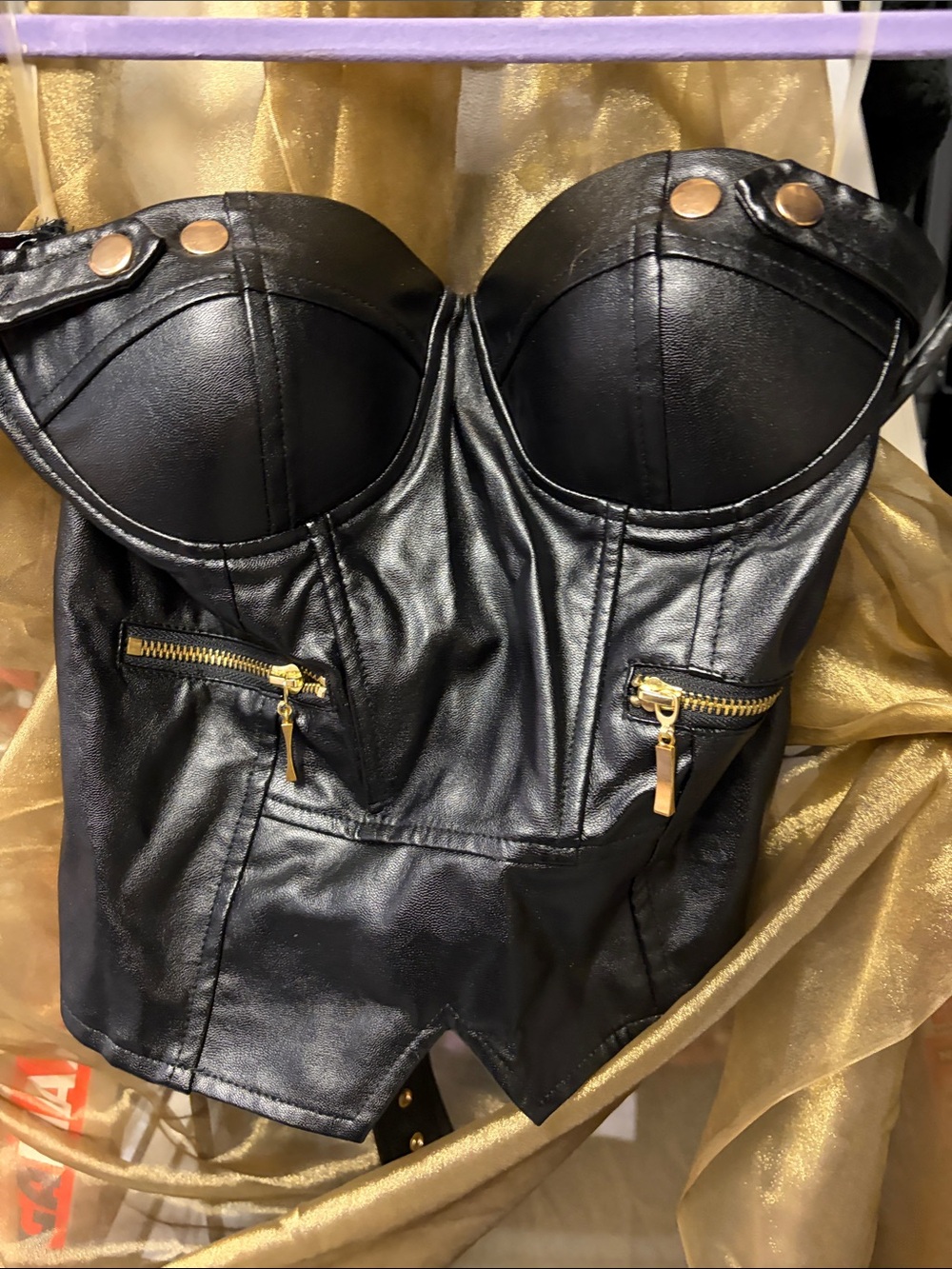 Fashion Nova Black Faux Leather Bustier with Gold Hardware Large (see desc)